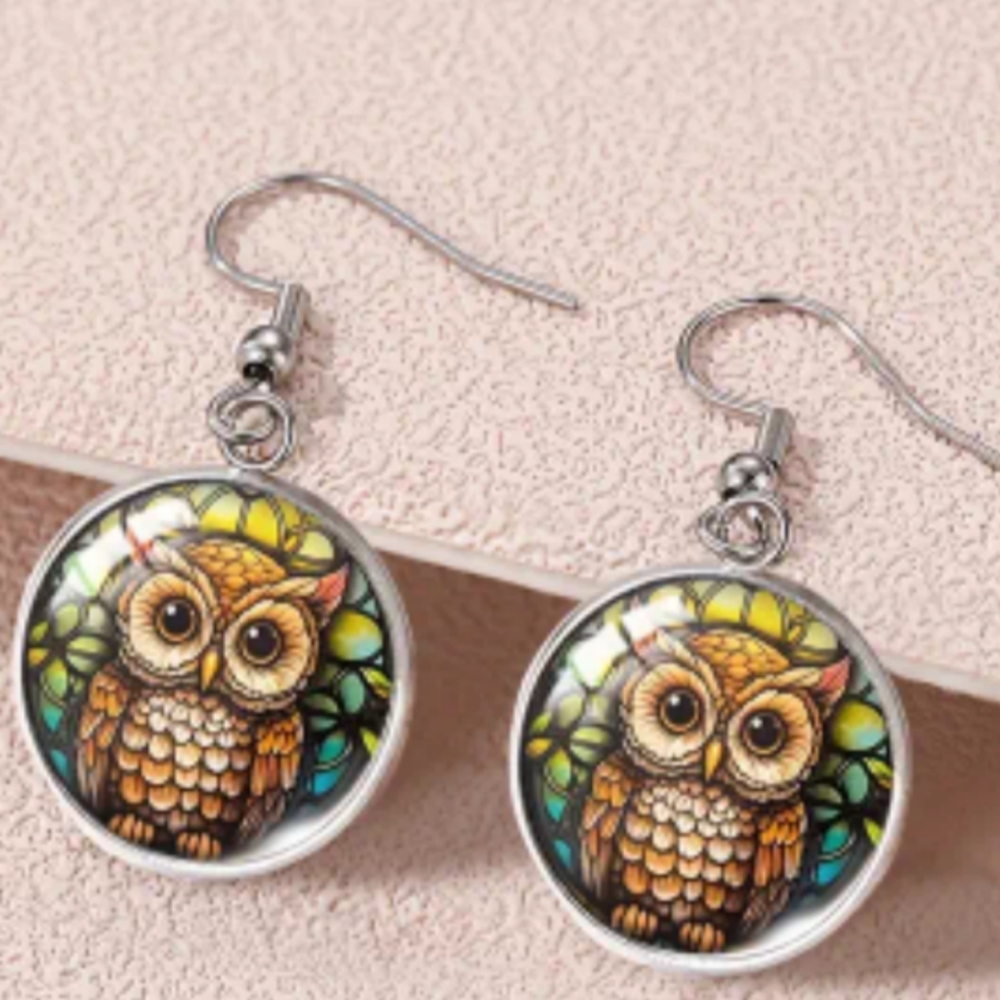 Western earrings Colorful artistic Boho‎ Owl Animal Design Silver Crystal Glass